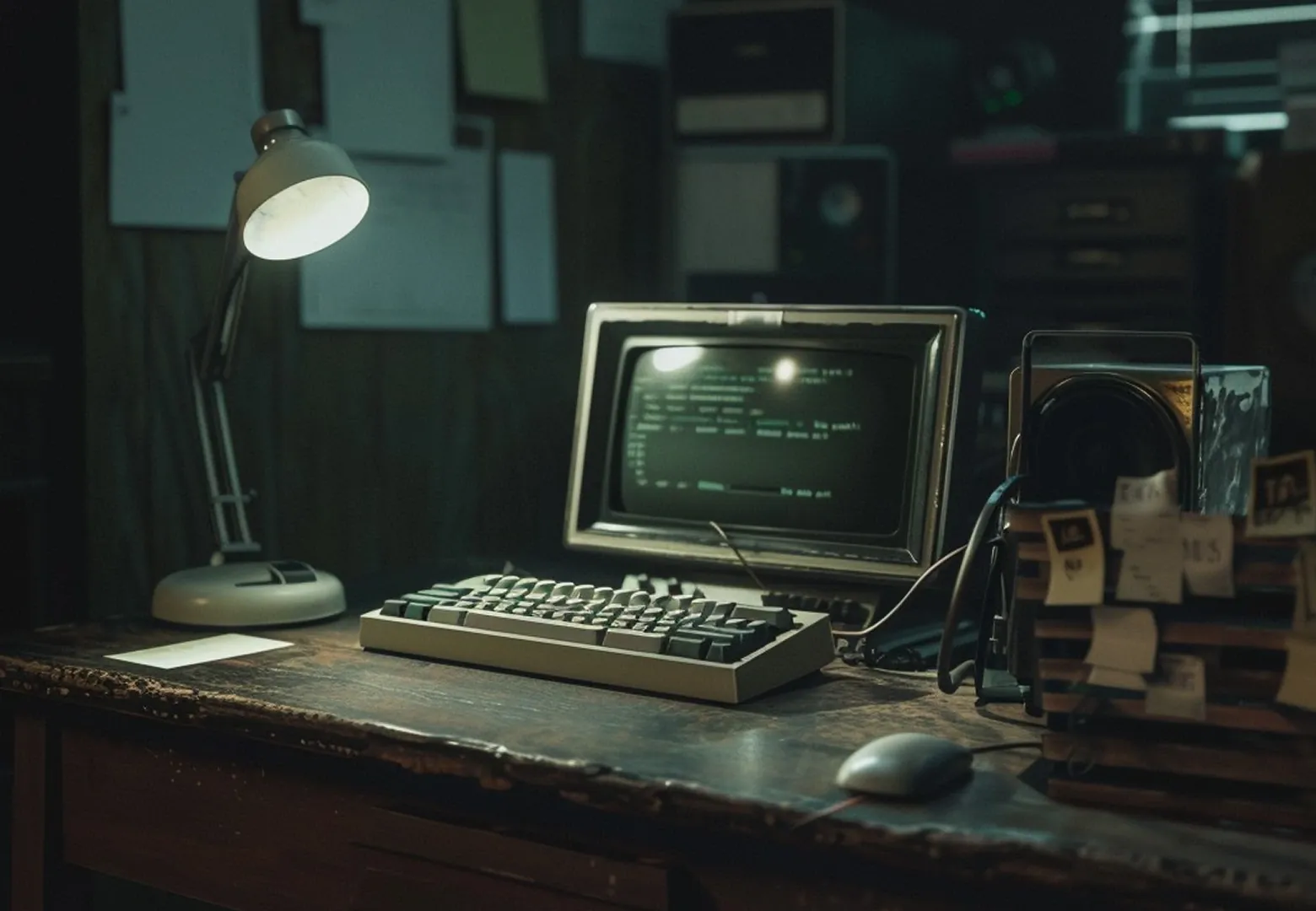 A vintage computer terminal glowing on a desk in a dimly lit 1980s office